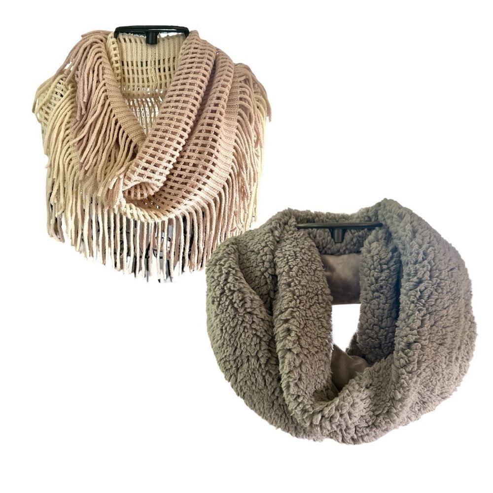 2 NWOT, INFINITY SCARVES. MASSINI, CREAM & SOFT LAVENDER SCARF WITH FRINGE.